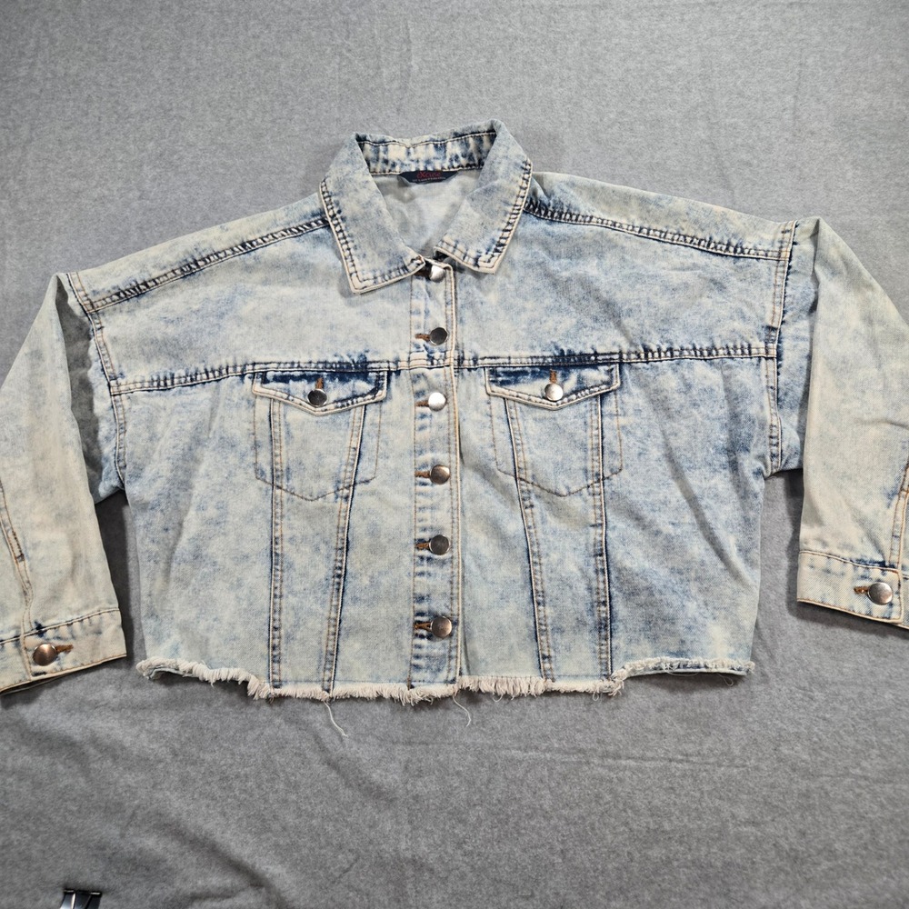 Excuse Womens 1X Acid Wash Cropped Denim Jacket Light Wash Raw Hem Elastic Back